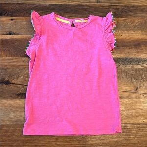 Mini Boden pink Kids Ruffle Sleeve multi color poms Top 7-8 year